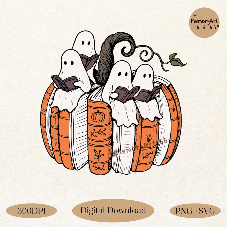 Cute Halloween illustration of three spooky ghosts sitting inside a large pumpkin ฺBooks, each ghost holding and reading a book. The pumpkin is decorated with vines and leaves for a cozy fall aesthetic. Retro style, perfect for autumn book lovers, teachers, and spooky readers. SVG PNG digital file for shirts, mugs, tote bags, and crafts. Ideal for fall pumpkin books, bookish Halloween designs, spooky book club PNG, Halloween teacher clipart, librarian Halloween art, and cozy fall reading SVG
