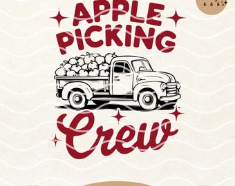 May include: A red truck filled with apples with the text "Apple Picking Crew" in red lettering.