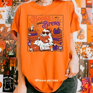 Books and Brews Bookish Halloween PNG SVG with a cute reading ghost, spooky spell books, witchy coffee mugs, potion bottles, bats, candles, and magical decor. Perfect for book lovers, bookworms, readers, librarians, Halloween shirts, mugs, tote bags, stickers, and sublimation designs.