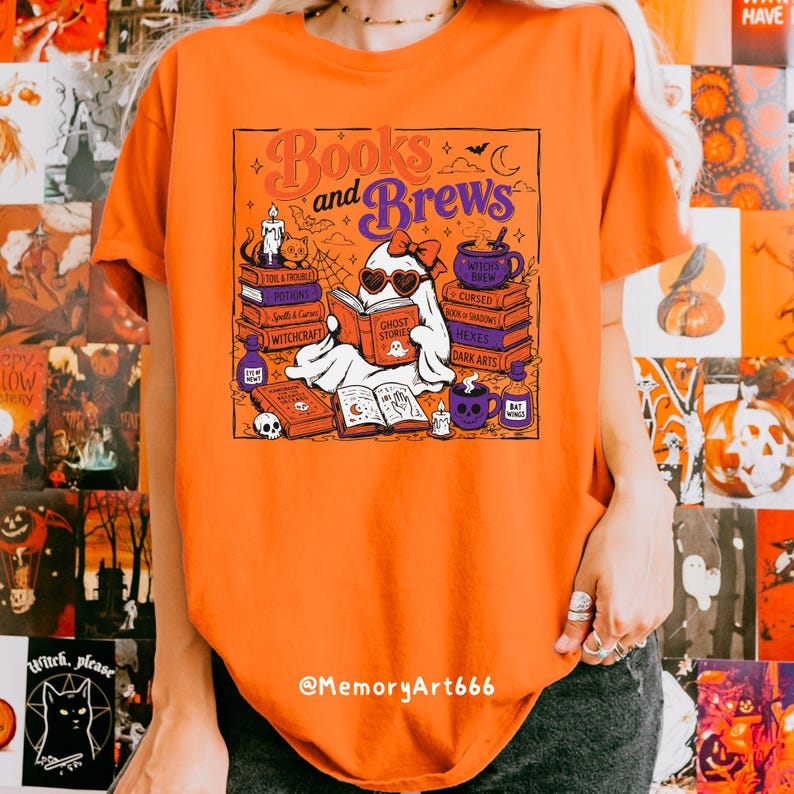 Books and Brews Bookish Halloween PNG SVG with a cute reading ghost, spooky spell books, witchy coffee mugs, potion bottles, bats, candles, and magical decor. Perfect for book lovers, bookworms, readers, librarians, Halloween shirts, mugs, tote bags, stickers, and sublimation designs.