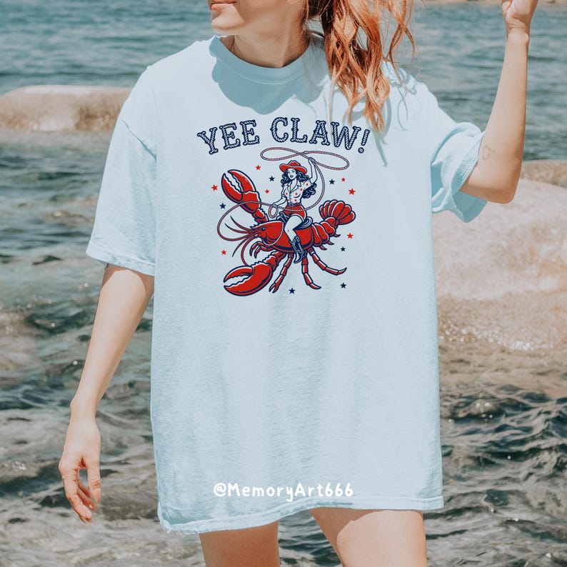 Yee Claw cowboy hat crawfish lobster cowgirl SVG design featuring a vintage western woman riding a large lobster and swinging a lasso rope, funny ocean western mashup illustration. Retro hand-drawn style with bold clean lines, perfect for beach summer graphic, coastal cowgirl shirt design, Cricut SVG PNG sublimation file, quirky seafood western clipart, rodeo lobster artwork, digital download for DIY projects, t-shirts, stickers, and apparel printing.