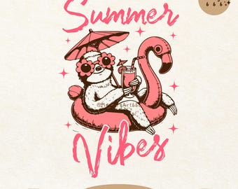 Summer Vibes, Funny Sloth in Flamingo Float SVG PNG: Beach Vacation Shirt Design