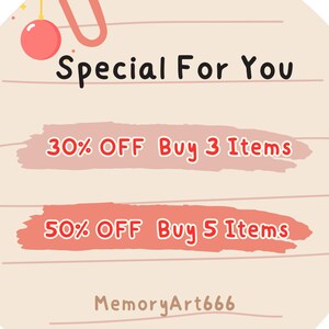 May include: A digital graphic with the text "Special For You" in black. Below, two banners read "30% OFF Buy 3 Items" and "50% OFF Buy 5 Items". The graphic includes a pink ornament and paperclip. The shop name "MemoryArt666" is at the bottom.