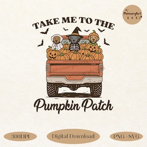 Puede incluir: Ilustración digital de una camioneta naranja vintage llena de calabazas y tres perros con disfraces de Halloween. El texto dice "TAKE ME TO THE Pumpkin Patch". Murciélagos volando sobre la camioneta.