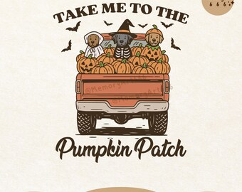 Puede incluir: Ilustración digital de una camioneta naranja vintage llena de calabazas y tres perros con disfraces de Halloween. El texto dice "TAKE ME TO THE Pumpkin Patch". Murciélagos volando sobre la camioneta.
