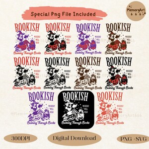 May include: A digital download graphic featuring multiple "Bookish" designs. Each design includes a witch reading, a cauldron, and the text "Burning Through Books." The designs are in various colors, including purple, brown, and black.