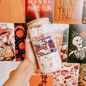 Books and Brews Bookish Halloween PNG SVG with a cute reading ghost, spooky spell books, witchy coffee mugs, potion bottles, bats, candles, and magical decor. Perfect for book lovers, bookworms, readers, librarians, Halloween shirts, mugs, tote bags, stickers, and sublimation designs.