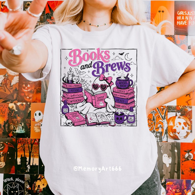 Books and Brews Bookish Halloween PNG SVG with a cute reading ghost, spooky spell books, witchy coffee mugs, potion bottles, bats, candles, and magical decor. Perfect for book lovers, bookworms, readers, librarians, Halloween shirts, mugs, tote bags, stickers, and sublimation designs.