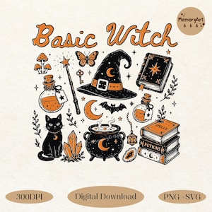 May include: A digital illustration featuring the text Basic Witch, a black witch hat, a black cat, a cauldron, spell books, potion bottles, a wand, a butterfly, a bat, crystals, and stars in black and orange on a light background.