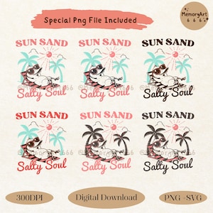 Peut inclure: T&eacute;l&eacute;chargement num&eacute;rique de six designs diff&eacute;rents mettant en sc&egrave;ne une grenouille de dessin anim&eacute; portant des lunettes de soleil et se relaxant sur une chaise de plage avec des palmiers et un soleil en arri&egrave;re-plan. Le texte "Sun Sand Salty Soul" figure sur chaque design.