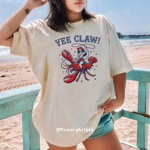 Yee Claw cowboy hat crawfish lobster cowgirl SVG design featuring a vintage western woman riding a large lobster and swinging a lasso rope, funny ocean western mashup illustration. Retro hand-drawn style with bold clean lines, perfect for beach summer graphic, coastal cowgirl shirt design, Cricut SVG PNG sublimation file, quirky seafood western clipart, rodeo lobster artwork, digital download for DIY projects, t-shirts, stickers, and apparel printing.
