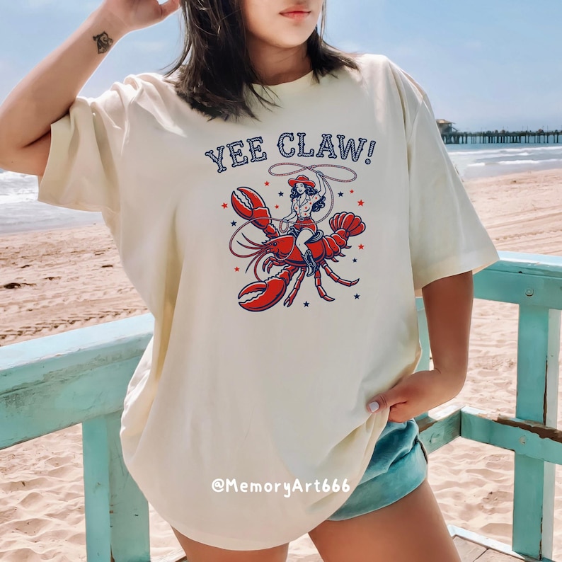 Yee Claw cowboy hat crawfish lobster cowgirl SVG design featuring a vintage western woman riding a large lobster and swinging a lasso rope, funny ocean western mashup illustration. Retro hand-drawn style with bold clean lines, perfect for beach summer graphic, coastal cowgirl shirt design, Cricut SVG PNG sublimation file, quirky seafood western clipart, rodeo lobster artwork, digital download for DIY projects, t-shirts, stickers, and apparel printing.