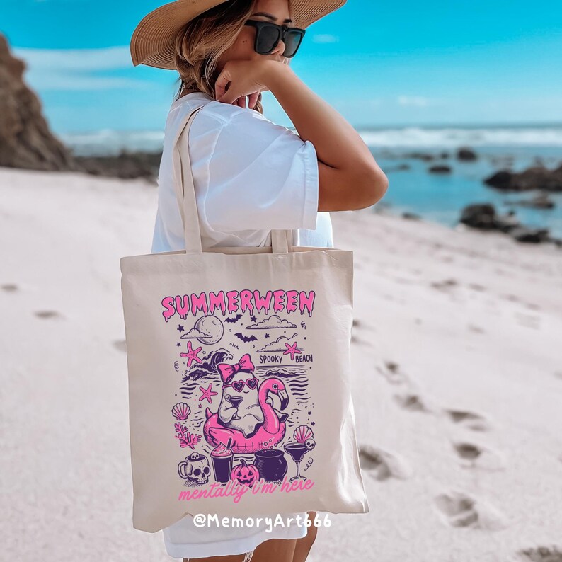 Cute Summerween ghost illustration featuring a retro ghost wearing heart-shaped sunglasses and a pink coquette bow while relaxing on a pink flamingo pool float. Surrounded by spooky beach elements including seashells, starfish, waves, bats, pumpkins, skull mugs, and Halloween cocktails, with the quote “Mentally I’m Here.” Perfect for Halloween beach aesthetics, retro apparel, Cricut projects, sublimation, SVG PNG downloads, stickers, mugs, tote bags, beach vacation shirts, and spooky gifts.