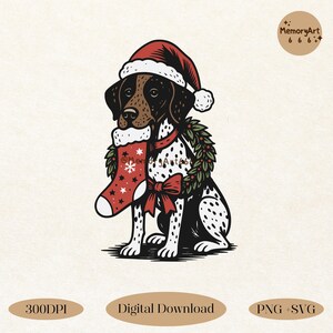 May include: A digital illustration of a dog wearing a Santa hat and a Christmas wreath. The dog is holding a red and white Christmas stocking. The dog has black and white spots. The image includes the text "MemoryArt 666".