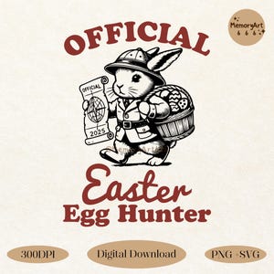 Op de afbeelding: Een zwart-witte illustratie van een konijn dat als ontdekkingsreiziger is verkleed, een kaart en een mand met eieren vasthoudt. De tekst "OFFICIAL Easter Egg Hunter" staat in rood onder het konijn.