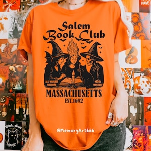 Vintage witch book club design featuring three witches gathered around an open spell book with bats, magical flames, and the text "Salem Book Club Massachusetts Est. 1692", witchy reading SVG PNG design, spooky book lover graphic, Halloween sublimation, digital download.