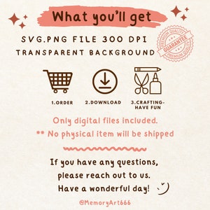 May include: A digital art graphic with text that reads "What you'll get" and details about the file type, resolution, and background. The image includes icons for ordering, downloading, and crafting. It also states that only digital files are included.
