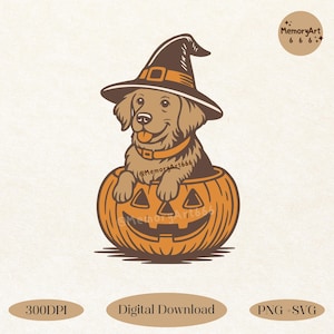 May include: A digital illustration of a golden retriever wearing a witch hat and sitting inside a carved orange pumpkin. The dog has a collar and is smiling. The image includes the text "MemoryArt666", "300DPI", "Digital Download", and "PNG + SVG".