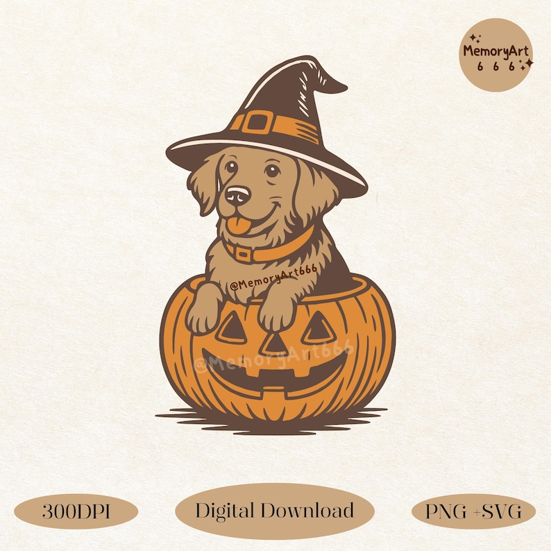 Retro Halloween Golden Retriever PNG SVG: Witch Dog in Pumpkin Patch ...