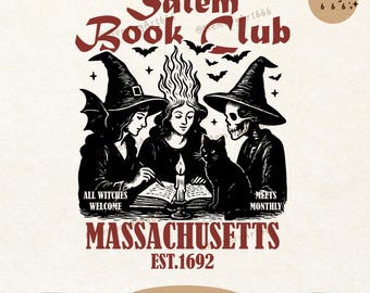 Salem Book Club SVG PNG, Vintage Witch Reading Design, Witchy Book Lover Graphic, Massachusetts 1692 Halloween Sublimation