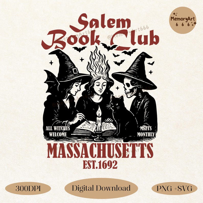 Vintage witch book club design featuring three witches gathered around an open spell book with bats, magical flames, and the text "Salem Book Club Massachusetts Est. 1692", witchy reading SVG PNG design, spooky book lover graphic, Halloween sublimation, digital download.