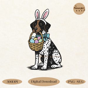 May include: An illustration of a dog wearing bunny ears and a blue bow, holding a basket of Easter eggs. The dog has black and white spots. The image includes the text "Digital Download" and "PNG + SVG".