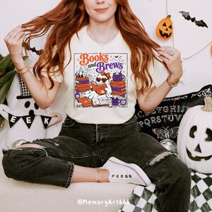 Books and Brews Bookish Halloween PNG SVG with a cute reading ghost, spooky spell books, witchy coffee mugs, potion bottles, bats, candles, and magical decor. Perfect for book lovers, bookworms, readers, librarians, Halloween shirts, mugs, tote bags, stickers, and sublimation designs.