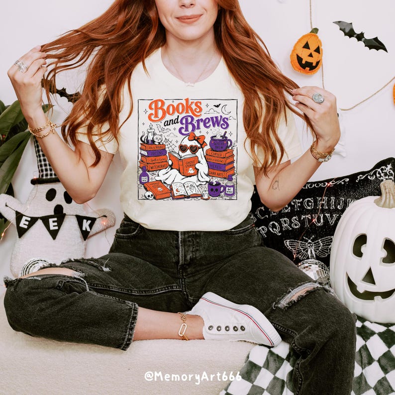 Books and Brews Bookish Halloween PNG SVG with a cute reading ghost, spooky spell books, witchy coffee mugs, potion bottles, bats, candles, and magical decor. Perfect for book lovers, bookworms, readers, librarians, Halloween shirts, mugs, tote bags, stickers, and sublimation designs.