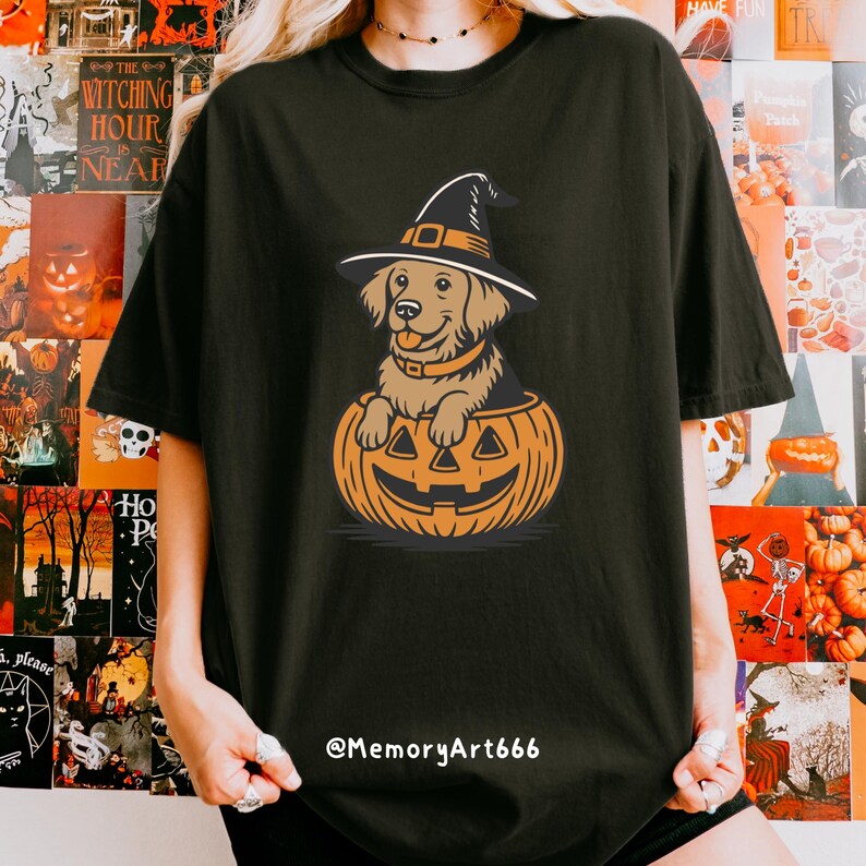 Retro Halloween Golden Retriever PNG SVG: Witch Dog in Pumpkin Patch ...