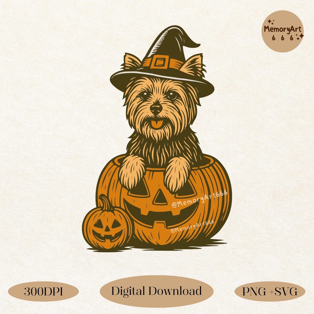 Retro Halloween Yorkie PNG SVG: Spooky Yorkshire Terrier Witch Dog ...