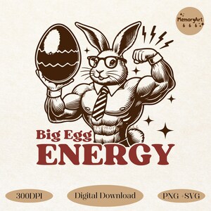 Puede incluir: Una ilustración de dibujos animados de un conejo musculoso con gafas y corbata, sosteniendo un gran huevo de Pascua marrón. El conejo está flexionando su bíceps y tiene un rayo sobre su cabeza. El texto "Big Egg ENERGY" está escrito debajo del conejo en rojo.