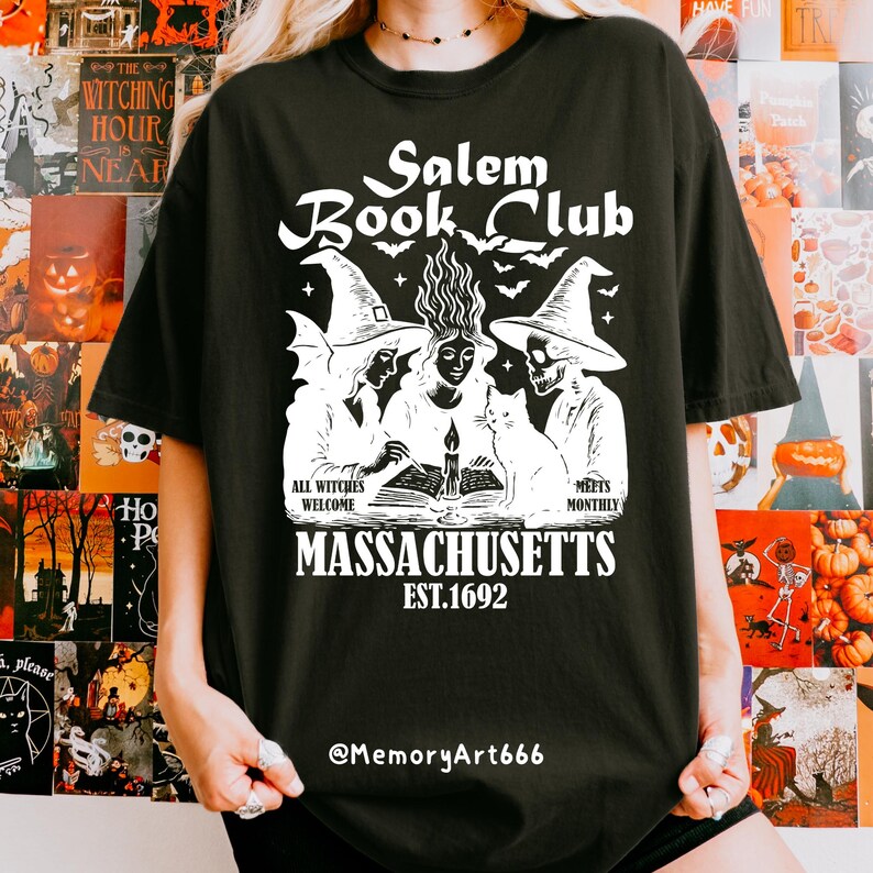 Vintage witch book club design featuring three witches gathered around an open spell book with bats, magical flames, and the text "Salem Book Club Massachusetts Est. 1692", witchy reading SVG PNG design, spooky book lover graphic, Halloween sublimation, digital download.