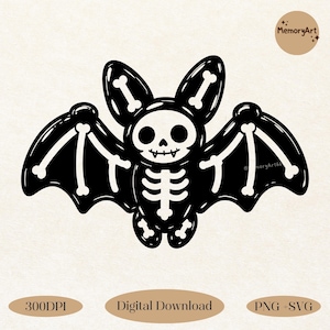 May include: A black and white digital graphic of a bat with a skeleton design. The bat features a skull face with small fangs, a rib cage on its body, and bone structures visible within its ears and wings. Text includes MemoryArt, 300DPI, Digital Download, PNG+SVG.
