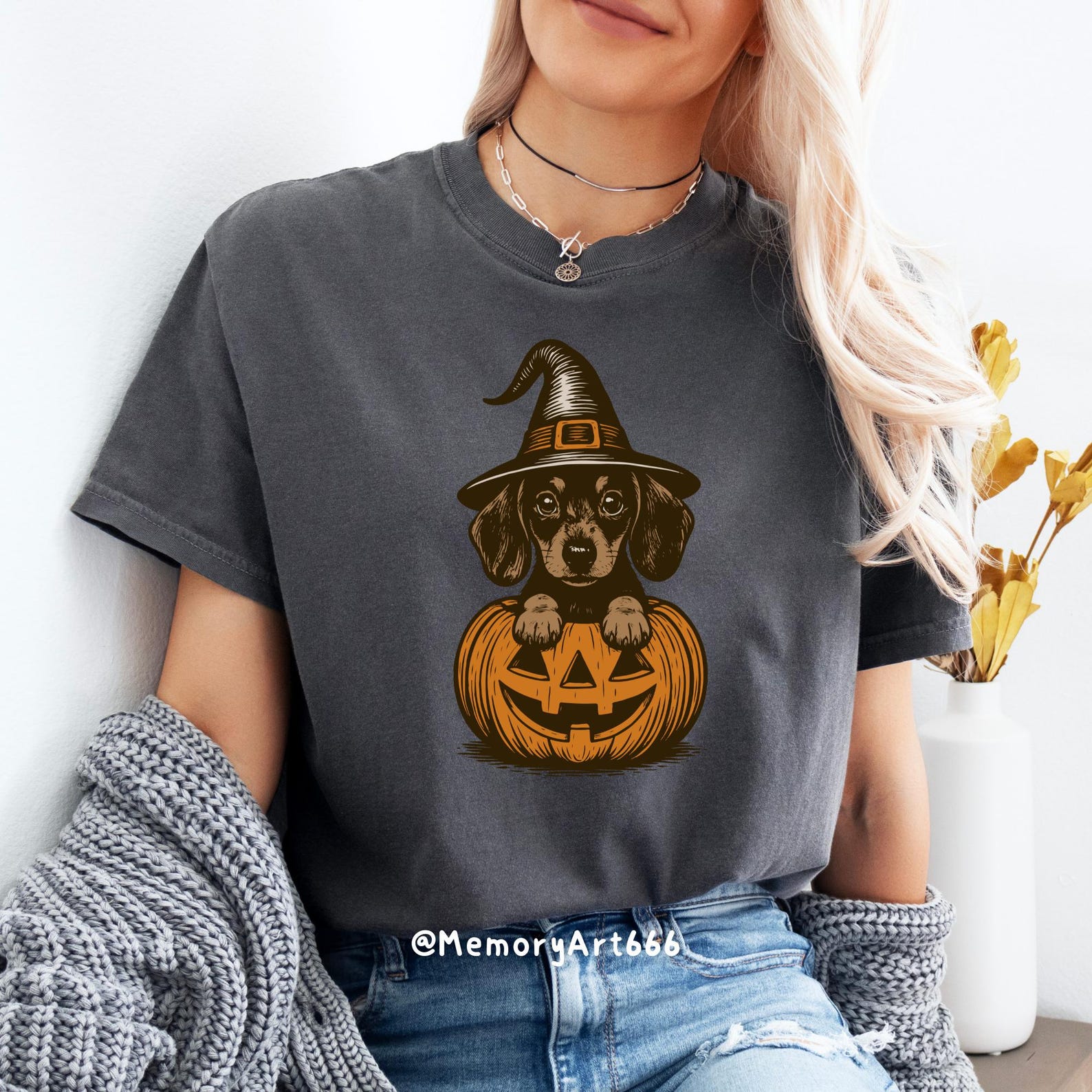 Dachshund Halloween PNG SVG: Spooky Witch Dog in Pumpkins Shirt Design ...