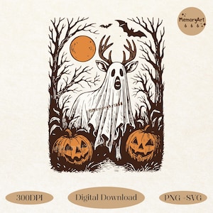 Halloween Deer PNG SVG, Spooky Forest Ghost Buck Sublimation with Pumpkins & Bats, Rustic Hunting Halloween Clipart, Fall Antler Skull PNG