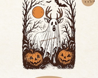 Cerf d'Halloween effrayant PNG SVG, Ghost Buck, citrouilles & chauves-souris, conception de chemise d'Halloween chasse rustique