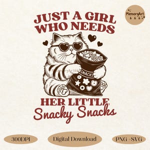 Just a Girl Who Needs Her Little Snacky Snacks - A playful vintage-style illustration of a fluffy cat wearing heart-shaped sunglasses, happily holding a snack bag. The cat's relaxed pose, surrounded by hearts, adds charm to the retro typography. A fun and relatable design for snack lovers, foodies, and cat enthusiasts. This 300DPI digital download includes high-quality PNG & SVG files for t-shirts, mugs, stickers, and sublimation projects