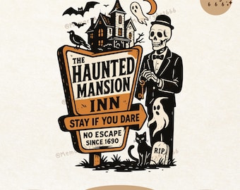 Diseño de camiseta con cita de esqueleto de motel, estilo Halloween, mansión embrujada SVG PNG, ambiente espeluznante retro divertido