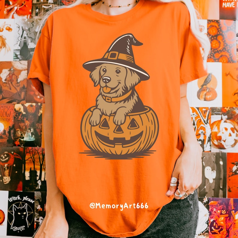 Retro Halloween Golden Retriever PNG SVG: Witch Dog in Pumpkin Patch ...