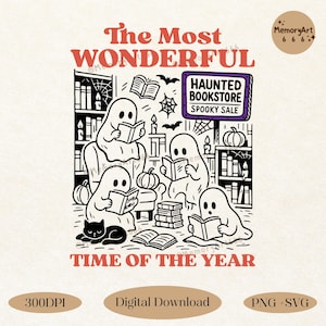 Op de afbeelding: Zwart-wit illustratie van geesten die boeken lezen in een spookachtige boekwinkel. De tekst luidt "The Most Wonderful Time of the Year" en "Haunted Bookstore Spooky Sale". Bevat pompoenen, vleermuizen en een zwarte kat.
