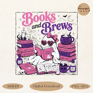 Może przedstawiać: Graficzna ilustracja z napisem Books and Brews, duchem w okularach w kształcie serca i kokardą, otoczonym stosami książek o tytułach Toil & Trouble, Potions, Spells & Curses, Witchcraft, Cursed, Book of Shadows, Hexes oraz Dark Arts.