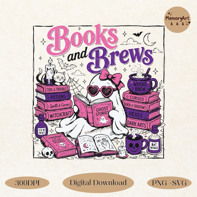 Books and Brews Bookish Halloween PNG SVG with a cute reading ghost, spooky spell books, witchy coffee mugs, potion bottles, bats, candles, and magical decor. Perfect for book lovers, bookworms, readers, librarians, Halloween shirts, mugs, tote bags, stickers, and sublimation designs.