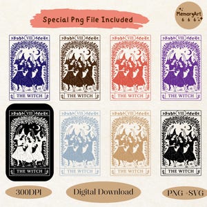 May include: Digital download featuring eight tarot card designs. Each card depicts a group of witches dancing under a crescent moon, framed by floral elements. The text "THE WITCH" is at the bottom of each card. Includes "Special Png File Included", "300DPI", "Digital Download", and "PNG + SVG" text.