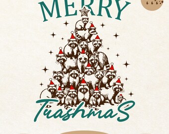 May include: A Christmas tree made of raccoons wearing Santa hats. The tree is topped with a star and the text "Merry Trashmas" is written below the tree.