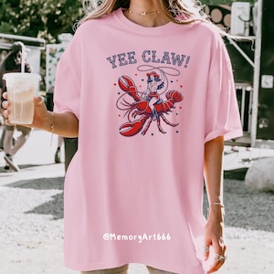 Yee Claw cowboy hat crawfish lobster cowgirl SVG design featuring a vintage western woman riding a large lobster and swinging a lasso rope, funny ocean western mashup illustration. Retro hand-drawn style with bold clean lines, perfect for beach summer graphic, coastal cowgirl shirt design, Cricut SVG PNG sublimation file, quirky seafood western clipart, rodeo lobster artwork, digital download for DIY projects, t-shirts, stickers, and apparel printing.