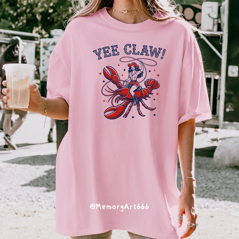 Yee Claw cowboy hat crawfish lobster cowgirl SVG design featuring a vintage western woman riding a large lobster and swinging a lasso rope, funny ocean western mashup illustration. Retro hand-drawn style with bold clean lines, perfect for beach summer graphic, coastal cowgirl shirt design, Cricut SVG PNG sublimation file, quirky seafood western clipart, rodeo lobster artwork, digital download for DIY projects, t-shirts, stickers, and apparel printing.