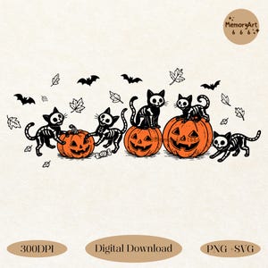 Black Cat Pumpkin PNG SVG: Retro Halloween Spooky Fall Vibes Shirt Design