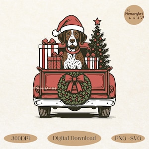 May include: A festive illustration of a dog in a red pickup truck, wearing a Santa hat. The truck bed is filled with wrapped gifts and a Christmas tree. A wreath with a red bow adorns the back of the truck. The image has a vintage, hand-drawn style.