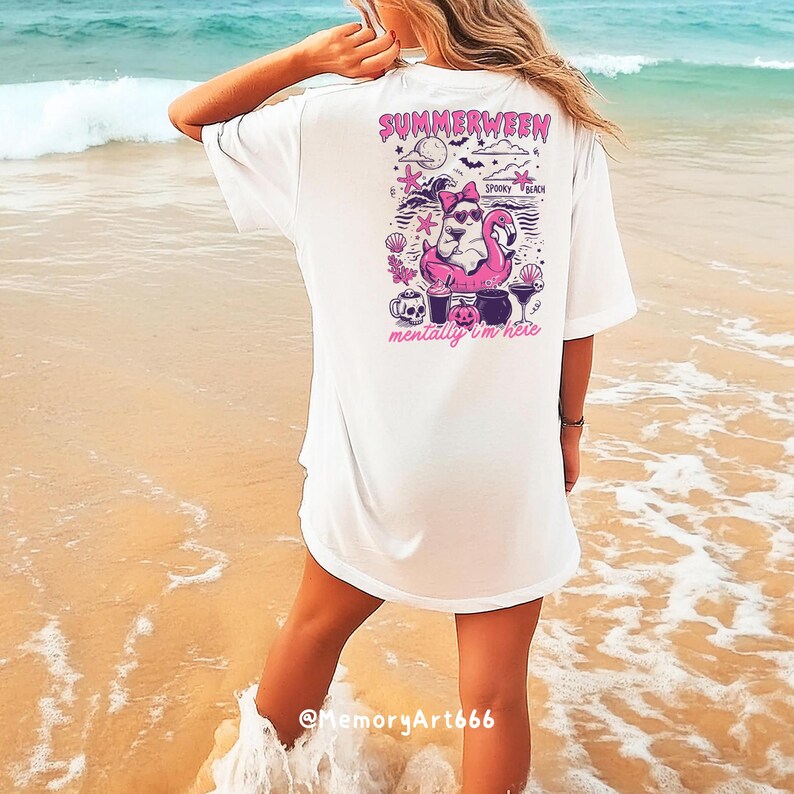 Cute Summerween ghost illustration featuring a retro ghost wearing heart-shaped sunglasses and a pink coquette bow while relaxing on a pink flamingo pool float. Surrounded by spooky beach elements including seashells, starfish, waves, bats, pumpkins, skull mugs, and Halloween cocktails, with the quote “Mentally I’m Here.” Perfect for Halloween beach aesthetics, retro apparel, Cricut projects, sublimation, SVG PNG downloads, stickers, mugs, tote bags, beach vacation shirts, and spooky gifts.