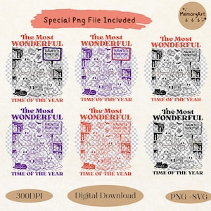 K&ouml;nnte beinhalten: Ein digitaler Download mit sechs Varianten eines Spukbuchladen-Designs. Das Design zeigt Geister, die B&uuml;cher lesen, B&uuml;cherregale und den Text "The Most Wonderful Time of the Year" und "Haunted Bookstore Spooky Sale."